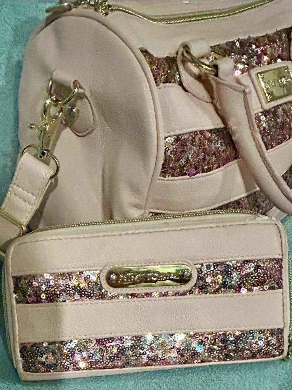 RARE! 2011 Betsey Johnson Blush Pink Sequin Stripe Satchel with Matching Wallet